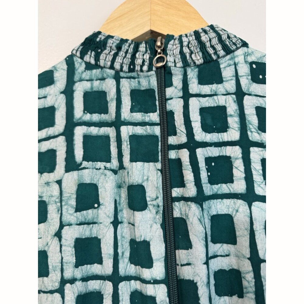 Zanaani Toyin Geometric Print Maxi Dress Sz Large Teal Green Mock Neck Pockets - Picture 9 of 14